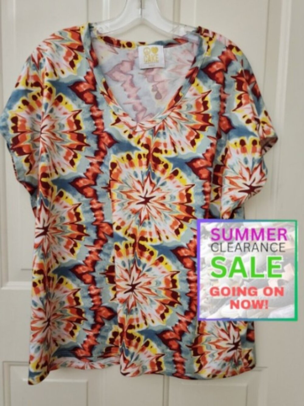 Summer Clearance Cake Short Sleeve V-Neck Tee - Red, Blue, Yellow Medium